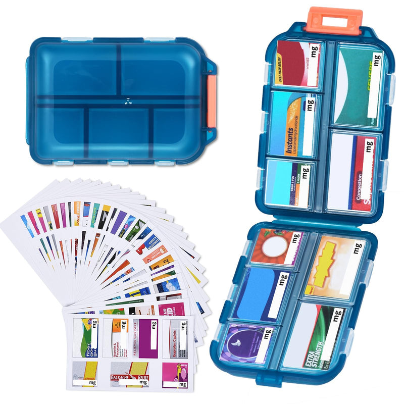 1 Pack 10 GRIDS Travel Pill Organizer Box with 189 Labels - Travel Medicine Case Kit - Pocket Daily Pharmacy Container - Travel Medication Holder Dispenser for Fish Oil Vitamin Supplement Storage Green