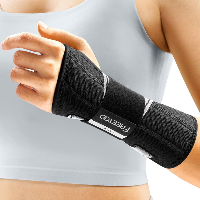 [Australia] - FREETOO Tendonitis Wrist Brace Night Support Fit Left Hand for Work, Pain Relief Wrist Splint for Arthritis, Sprain for Sleeping, Wrist Support Carpal Tunnel Fit Women and Men (Left, L/XL, Black/Grey) Left-Gray/Black 