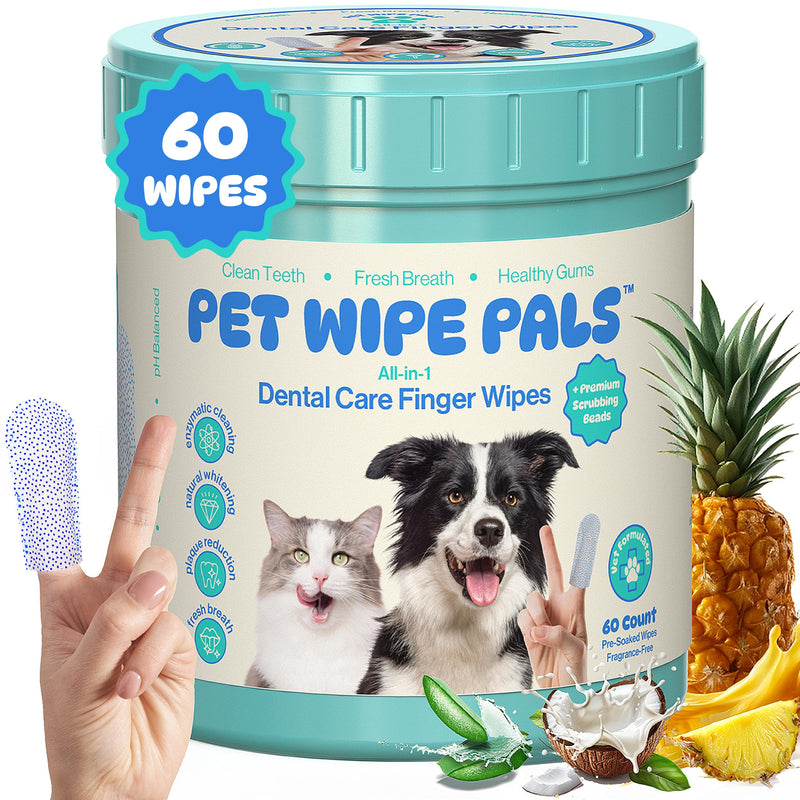 [Australia] - All-in-1 Dog Teeth Cleaning Wipes | Enzymatic Whitening + Micro Scrubbing Beads | No Mess, Pet Dental Wipes & Finger Tooth Brushing Kit | Plant-Based Dental Care for Cats & Dogs (60 Count) 