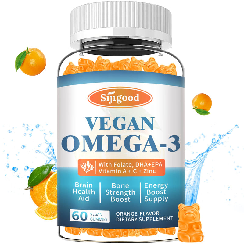 Algae Omega 3 Gummies for Women, Men & Kids, Fish Oil Alternative 60 Count | Boost Brain, He♡rt, Eye & Immune Function, With Plant Based 460 MG DHA & 230 MG EPA, No Fishy Taste, Sugar Free Orange 60 Count (Pack of 1)