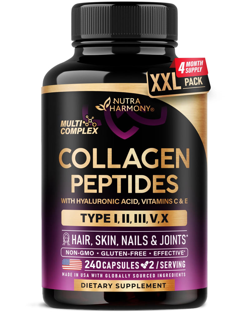 Multi Collagen Peptides 1300mg - Hydrolyzed Types I II III V & X - 240 Caps | Collagen Supplements for Women + Hyaluronic Acid, Vitamin C & E - Skin Hair Nails & Joint Support, Lab Tested, 120-Day Supply 240 Count (Pack of 1)