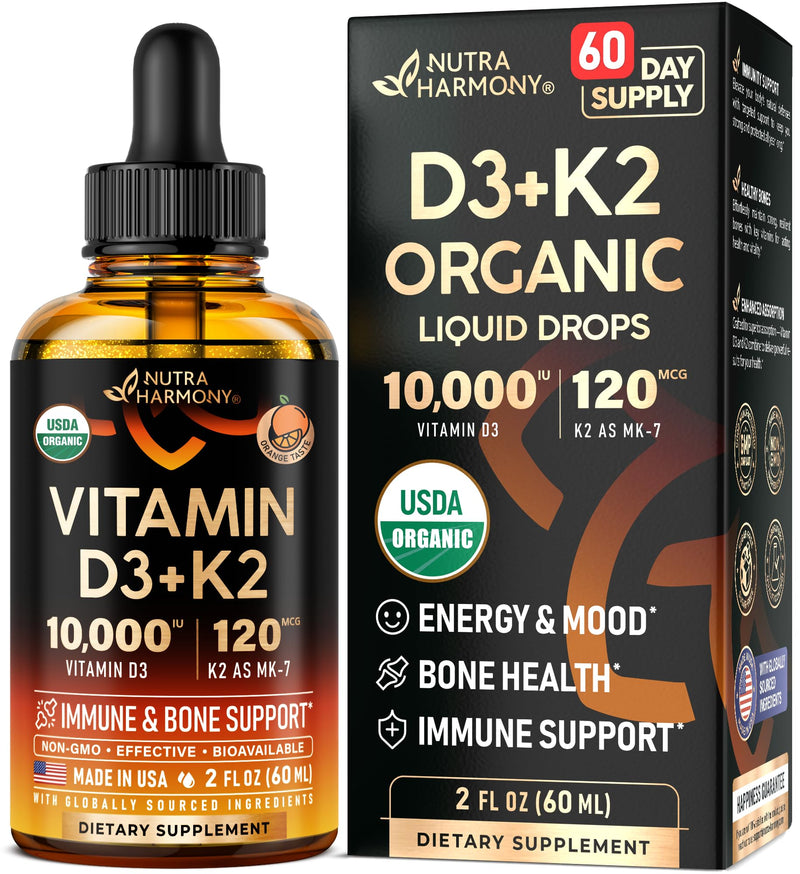Vitamin D3 K2 USDA Organic Drops - Vitamin D3 10000 IU & K2 120mcg - 2 OZ | Immune & Mood Support, Bone & Teeth Health - Sugar-Free, Orange Flavor - Liquid Supplement for Men & Women - 60-Day Supply 2 Fl Oz (Pack of 1)