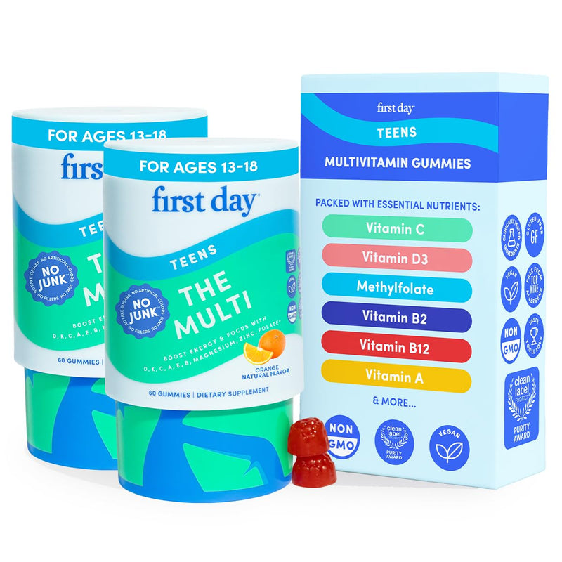 FIRST DAY Vitamins for Teens - Teen Multi Vitamins for Girls & Boys 12-17, Organic Fruit & Veggie Blend - 12 Key Nutrients: Vitamins A, B1, B2, B6, B9, B12, C, D3, E, K2-60 Day Supply 120 (Pack Size 2)
