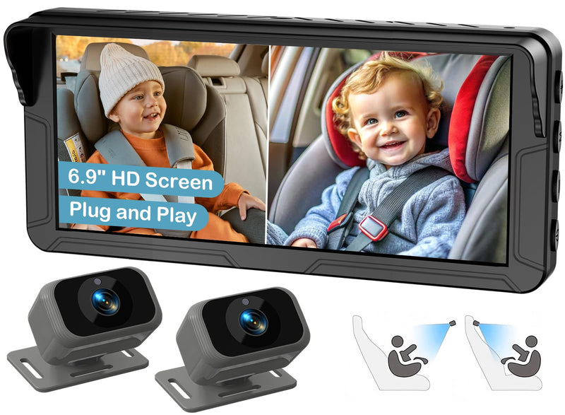 [Australia] - Dual Baby Car Camera for 2 Kids – 6.9” Split Screen Ultrawide HD Display with 2 Cameras, IR Night Vision, Easy Installation, Dual Car Camera Baby Monitor for Infant & Toddler Safety by Fodkh 
