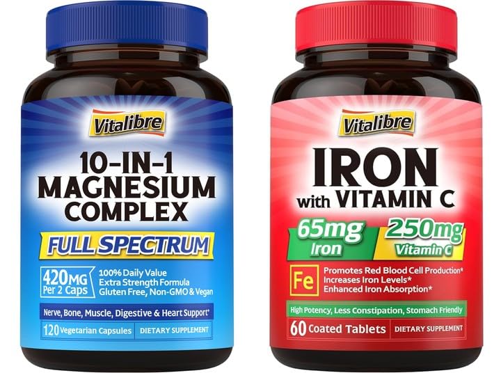 Vitalibre Iron Supplement with Vitamins C for Iron Deficiency & Magnesium Complex 10 in 1 for Magnesium Deficiency