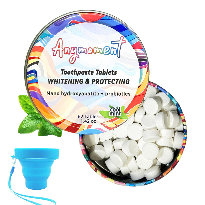 [Australia] - Anymoment Toothpaste Tablets with 7.5% Nano Hydroxyapatite,Flouride Free,SLS Free Remineralize with NHA (1 Month),Gift a Collapsible Cup,Eco & Plastic Free Travel Size Toothpaste 62 Count (Pack of 3) 