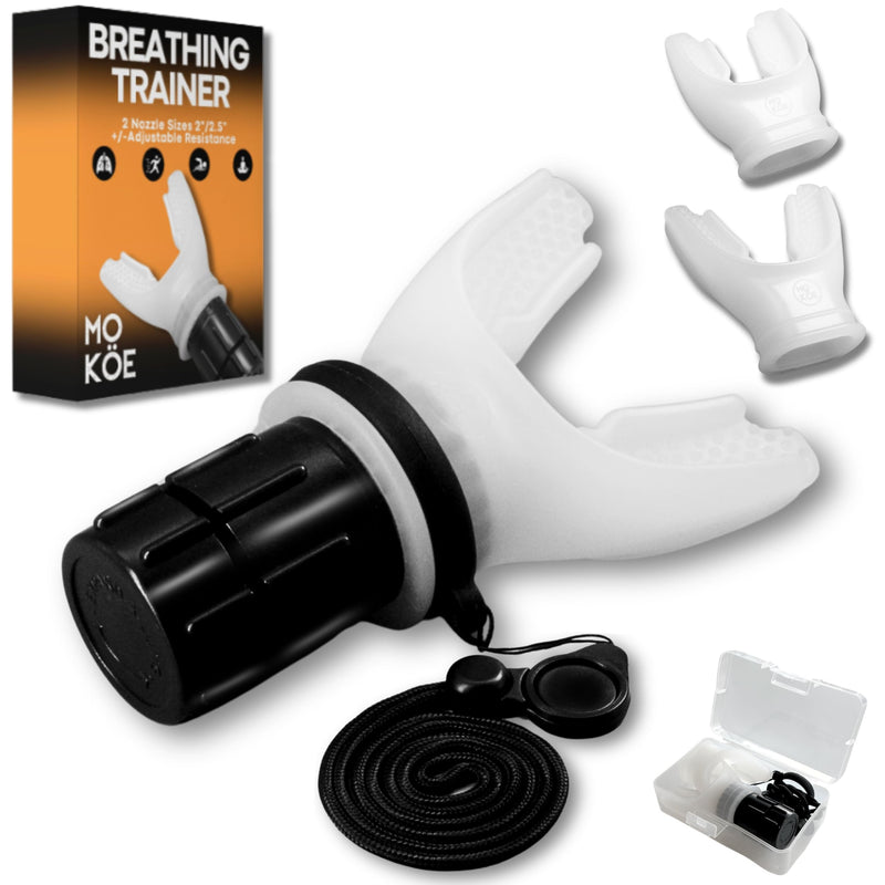 OXY Portable Breathing Trainer with 2 Nozzle Sizes (2"/2.5") & Adjustable Resistance - Lung Exercise Device for Fitness, Singing, Recovery - Boosts Capacity & Endurance, Compact & Easy to Clean White