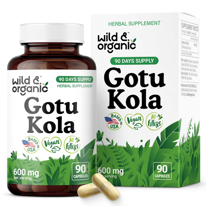 [Australia] - Wild & Organic Gotu Kola Capsules 600 mg - Brain & Focus Support - Gotu Kola Powder Supplement - Gotu Kola Extract - 90 Days of Supply - Vegan, No Fillers, Non-GMO - 90 Count 