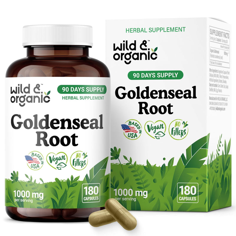 [Australia] - Wild & Organic Goldenseal Root Capsules 1000mg - Immune & Lung Support - 180 Goldenseal Powder Capsules - 90 Days Supply - Vegan, No Fillers, Non-GMO 