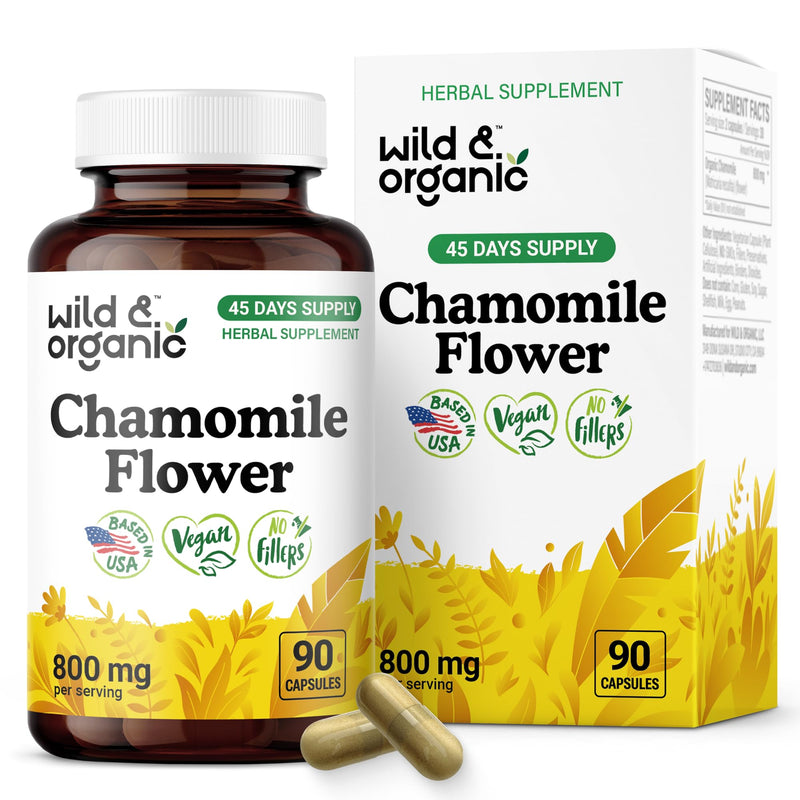 [Australia] - Wild & Organic Chamomile Capsules 800 mg - Relaxation & Digestive Support - Herb Chamomile Powder Supplement - Matricaria Recutita Flower - Vegan, No Fillers, Non-GMO - 90 Count 