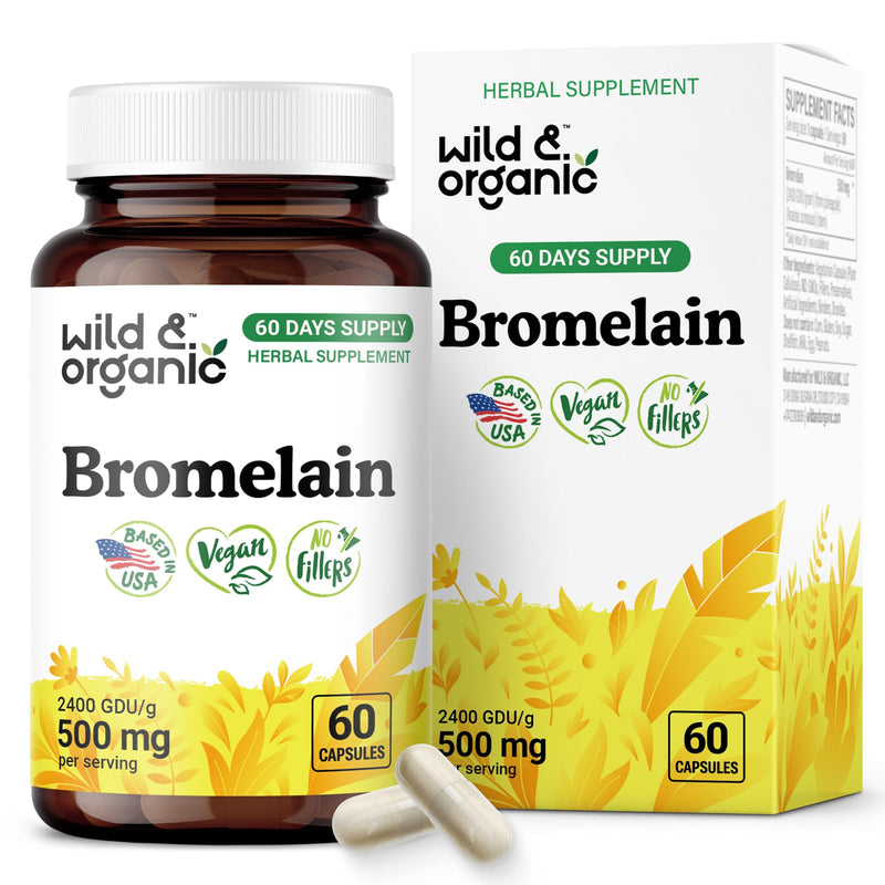 [Australia] - Wild & Organic Bromelain 500 mg Capsules - Digestive Support - Bromelain Powder Supplement - Pineapple Enzyme Source - Vegan, No Fillers, Non-GMO - 60 Count 