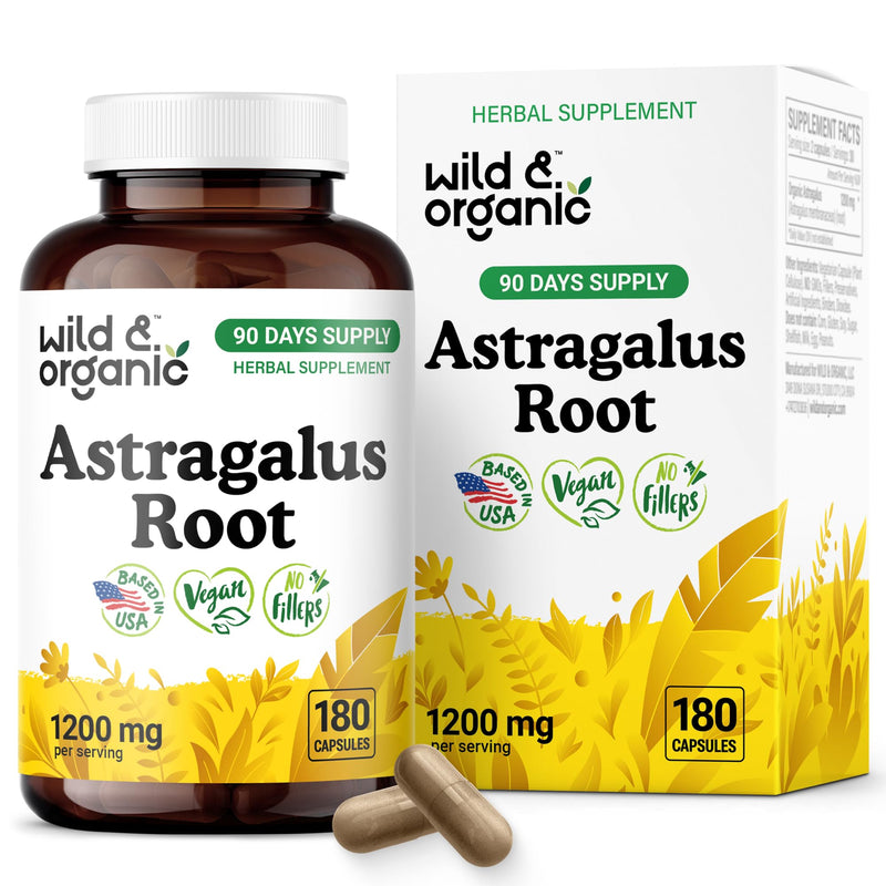 [Australia] - Wild & Organic Astragalus Capsules 1200 mg - Immune Support - Astragalus Root Powder Supplement - 90 Days of Supply - Vegan, No Fillers, Non-GMO - 180 Count 