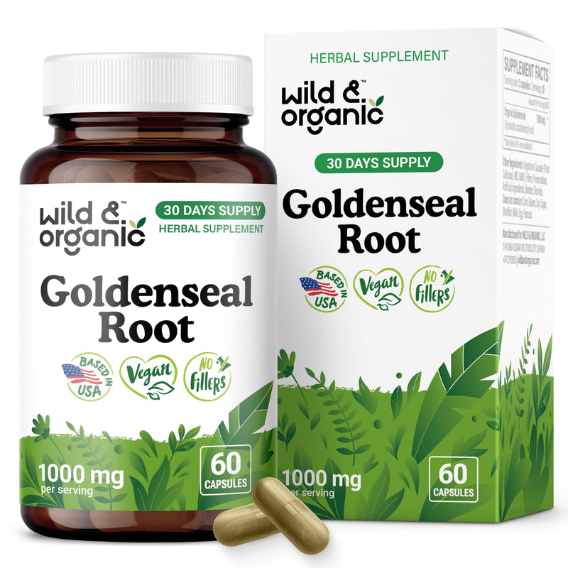 [Australia] - Wild & Organic Goldenseal Root Capsules 1000mg - Immune & Lung Support - 60 Goldenseal Root Powder Capsules - 30 Days Supply - Vegan, No Fillers, Non-GMO 