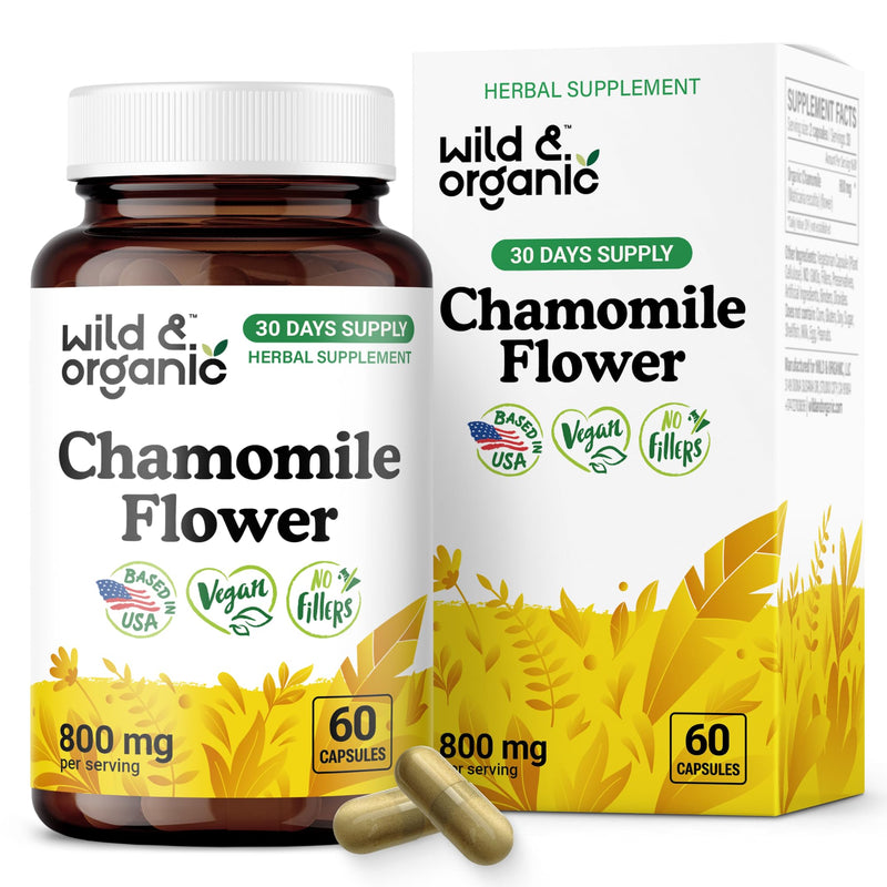 [Australia] - Wild & Organic Chamomile Capsules 800 mg - Relaxation & Digestive Support - Herb Chamomile Extract Supplement - Matricaria Recutita Flower - Vegan, No Fillers, Non-GMO - 60 Count 