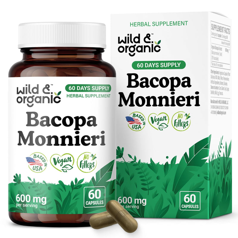 [Australia] - Wild & Organic Bacopa Capsules 600 mg - Brain Support - Natural Bacopa Monnieri Supplement - Brahmi Capsules - 60 Days of Supply - Vegan, No Fillers, Non-GMO - 60 Count 