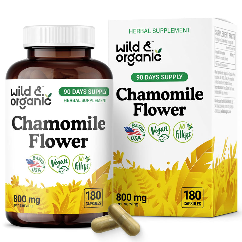 [Australia] - Wild & Organic Chamomile Extract Capsules 800 mg - Relaxation & Digestive Support - Chamomile Powder Supplement - Matricaria Recutita Herb - Vegan, No Fillers, Non-GMO - 180 Count 
