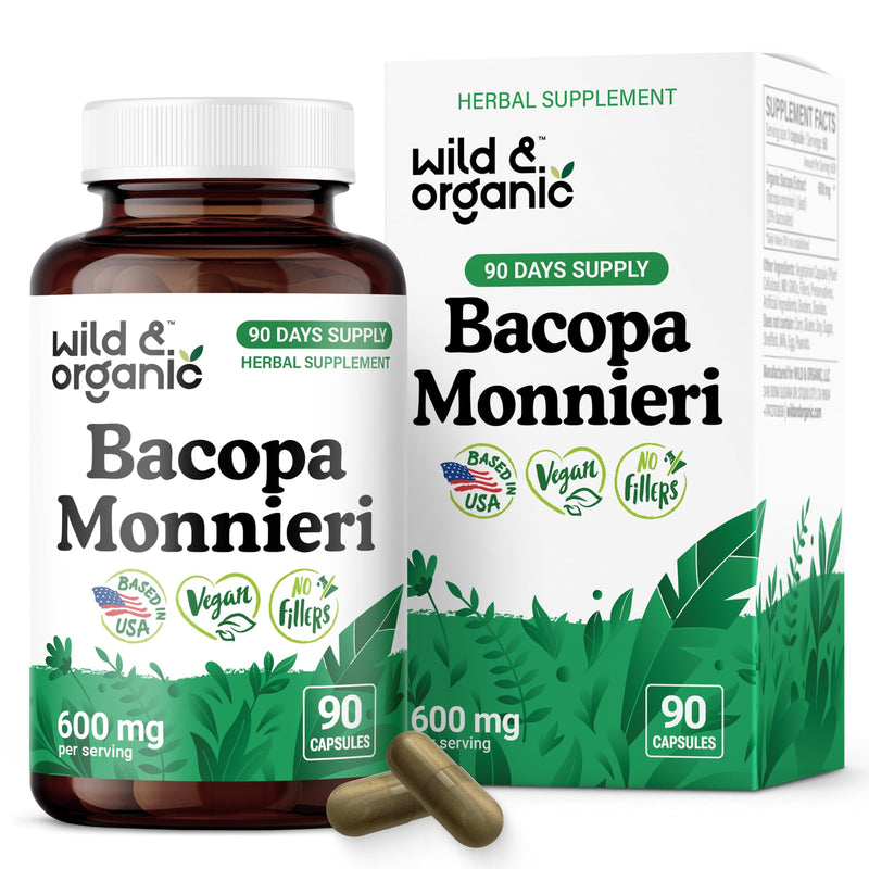 [Australia] - Wild & Organic Bacopa Capsules 600 mg - Brain Support - Natural Bacopa Monnieri Supplement - Brahmi Capsules - 90 Days of Supply - Vegan, No Fillers, Non-GMO - 90 Count 