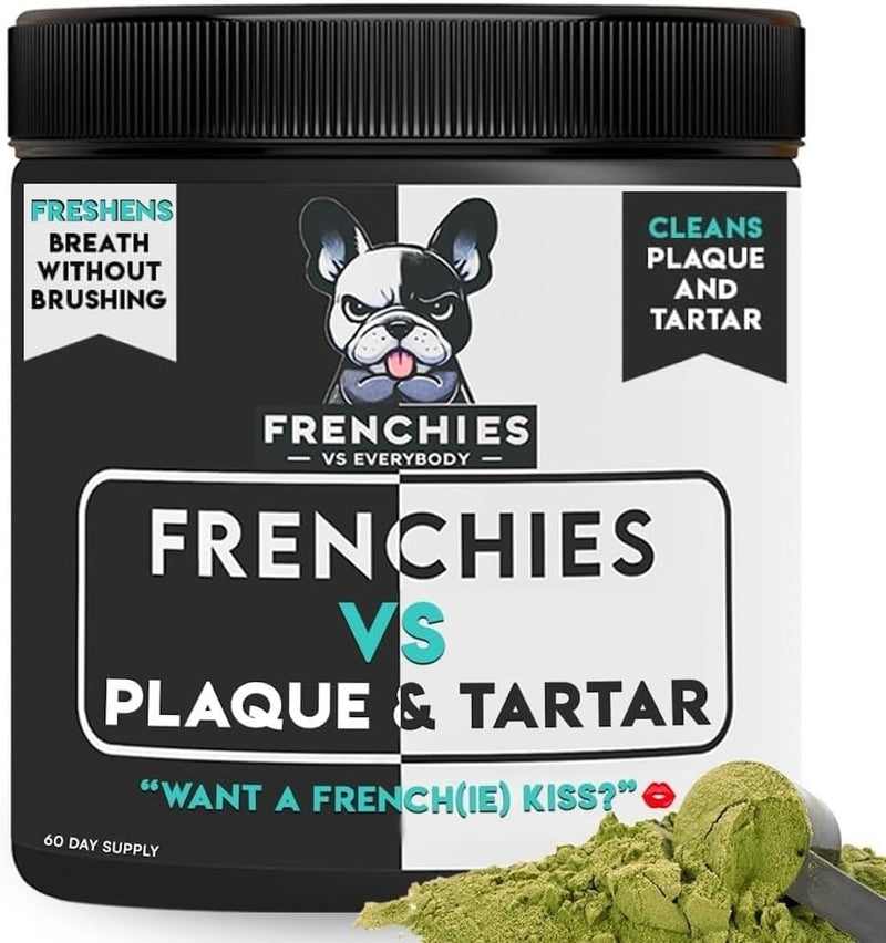 French Bulldog Optimized Dog Teeth Cleaning Powder Plaque Remover & Tartar Control - Dog Breath Freshener Strong Teeth & Gums - Dog Dental Powder Easy Teeth Cleaning - Herbal Blend - USA (60 Scoops) - PawsPlanet Australia