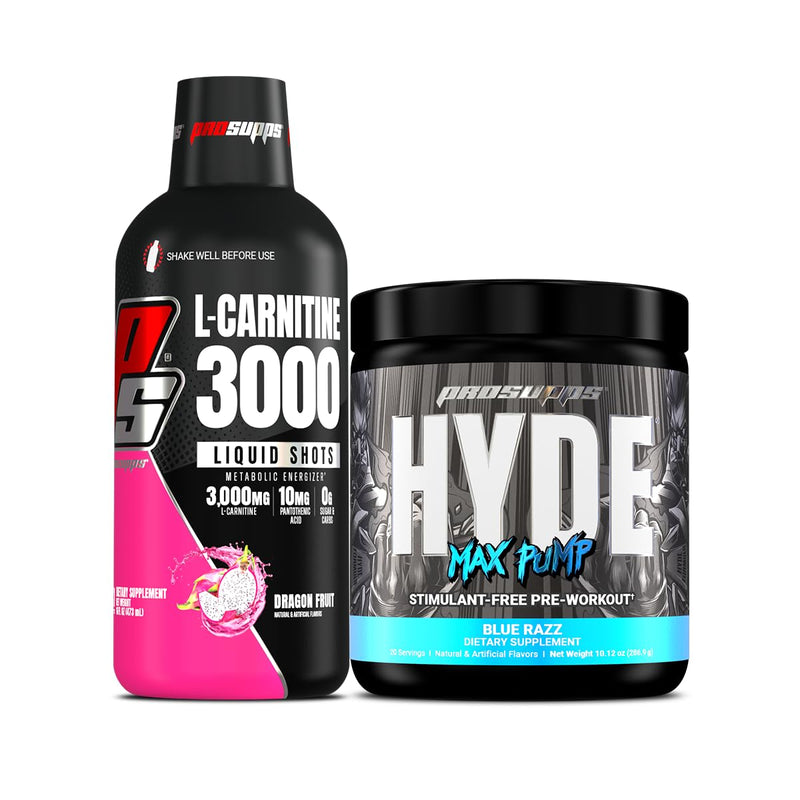 ProSupps L-Carnitine 3000 Liquid Shots & Hyde Max Pump Pre-Workout Bundle | Stimulant Free Liquid Shots (Dragon Fruit) & Pre-Workout Energy Powdered Drink (Blue Razz)
