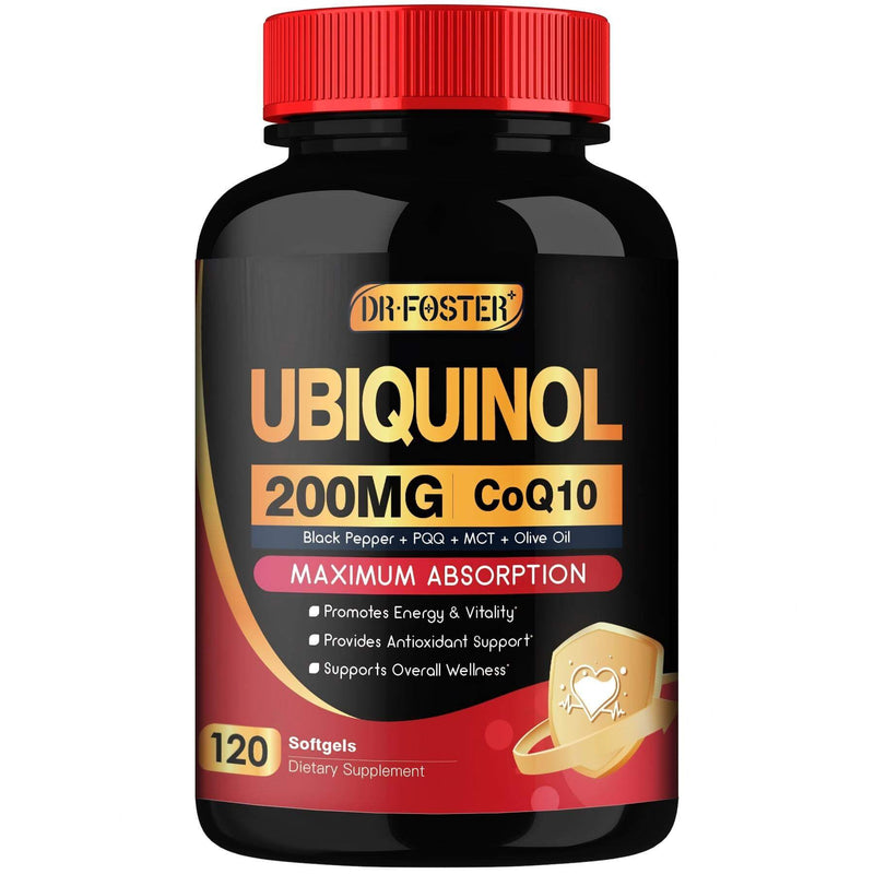 DRFOSTER Ubiquinol CoQ10 200mg, with PQQ & Vitamin E, 120 Servings | Active Ubiquinol, Coq10 200mg, Black Pepper for Max Absorption, Allergen-Free, Powerful Antioxidant, Brain & Energy Support 120 Count (Pack of 1)