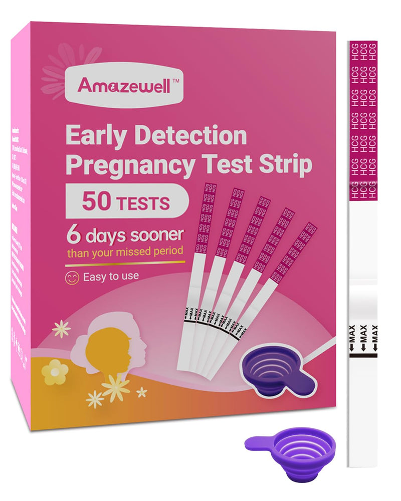 Early Detection Pregnancy Test Strips, Amazewell hCG Test Strips Easy at Home Pregnancy Tests Bulk, Over 99% Accuracy, 50 Pack Pregnancy Test Kits for Women with 1 Reusable Urine Cup