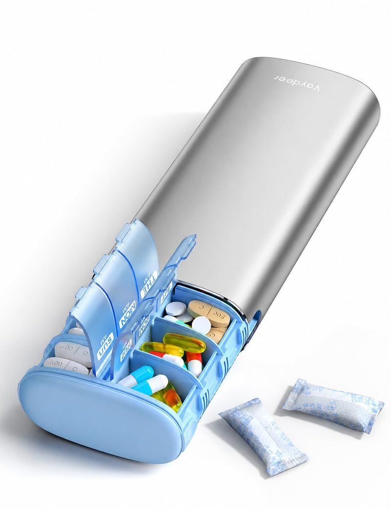 Vaydeer Metal 7 Day Travel Pill Organizer 2 Times a Day, Built-in Desiccant | AM PM weekly Travel Pill Case, Twice-Daily，Airtight Large Capacity Pill Box for Vitamins, Medication, Supplements & Fish Oil Silver Standard Size
