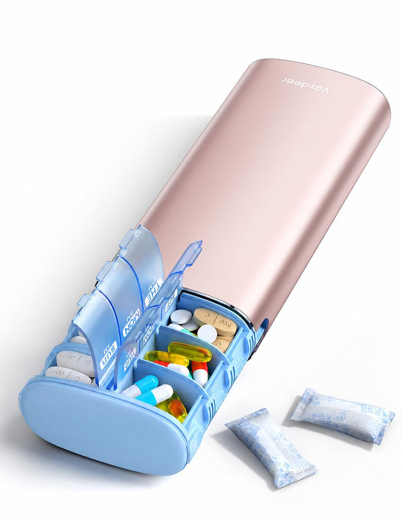 Vaydeer Metal 7 Day Travel Pill Organizer 2 Times a Day, Built-in Desiccant | AM PM weekly Travel Pill Case, Twice-Daily，Airtight Large Capacity Pill Box for Vitamins, Medication, Supplements & Fish Oil Rose Gold Standard Size