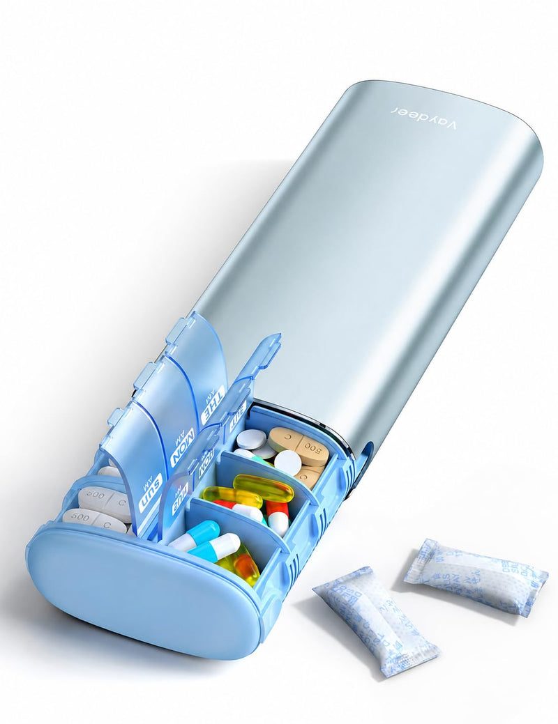 Vaydeer Metal 7 Day Travel Pill Organizer 2 Times a Day, Built-in Desiccant | AM PM weekly Travel Pill Case, Twice-Daily，Airtight Large Capacity Pill Box for Vitamins, Medication, Supplements & Fish Oil Blue Standard Size