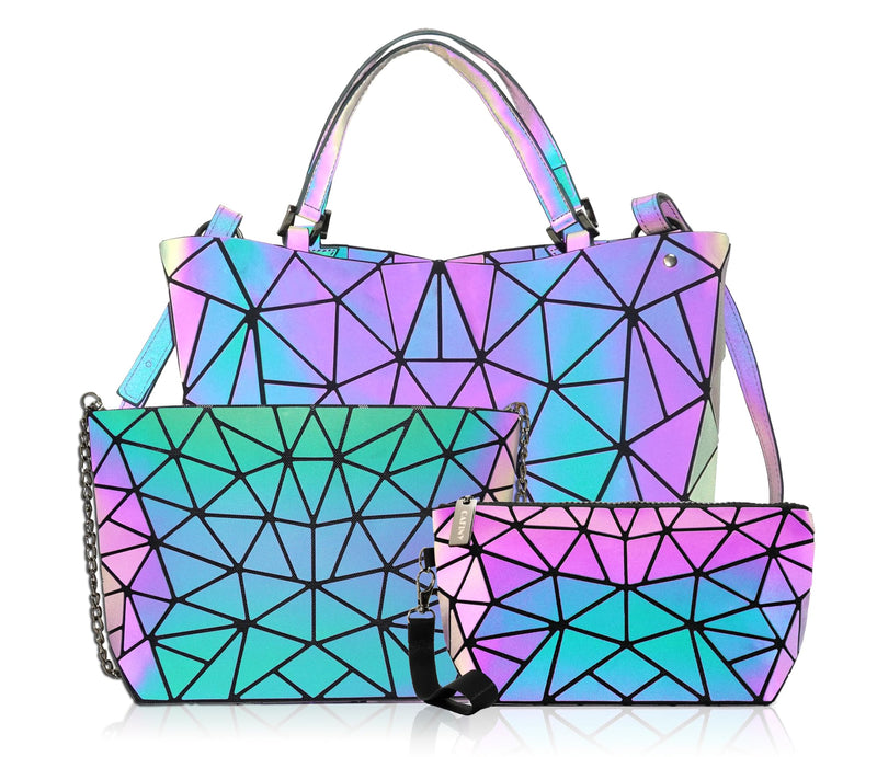 Geometric Purse for Women,Geometric Luminous Crossbody Bags (Large) and Holographic Clutch Set-3a