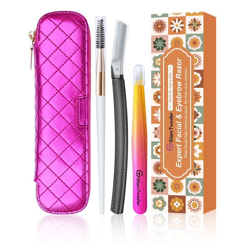 Women's Dermaplane Face & Eyebrow Razor Kit with GlamTweeler Slant Tweezers, Spoolie Brush, and Luxury Leather Storage & Travel Case + 10 Refill Blades (Black) Black