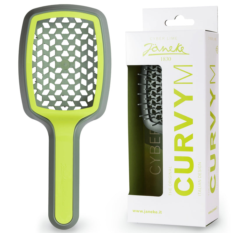 Janeke Curvy Hair Brush with Ergonomic Handle – Vented Brush for Blow Drying & Smoothing – Anti Static Detangler for Thick, Curly & Wet Hair (Green - Gray) Green/Gray Curvy