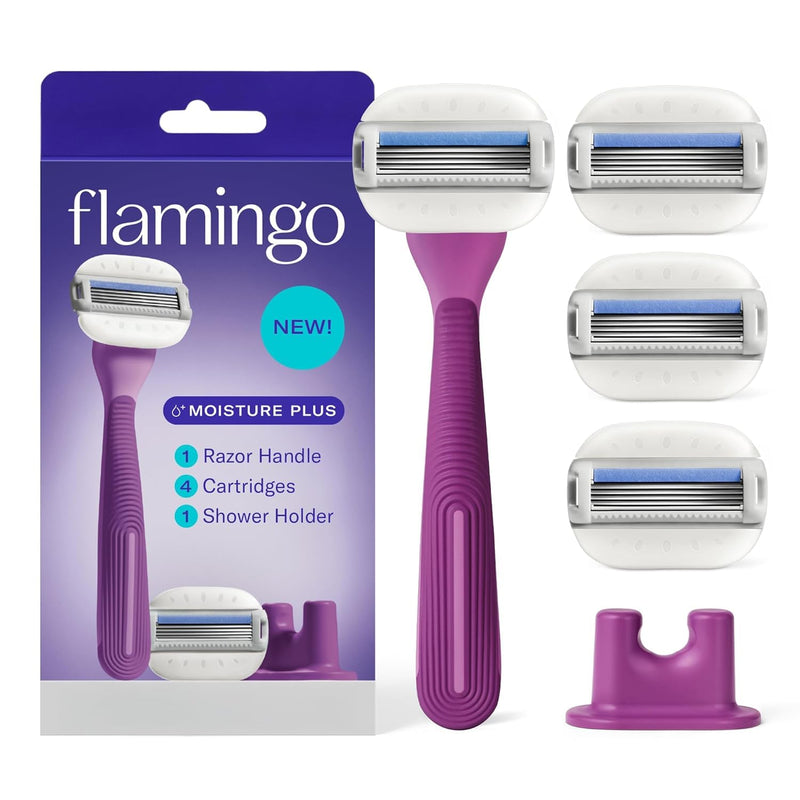 [Australia] - Flamingo Moisture Plus Women's Razor Set - No Shave Gel Needed - Razor Handle, 4 Blade Refills, Shower Holder - Fig 4 Count (Pack of 1) 