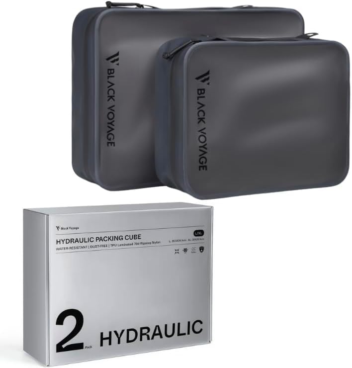 Travel Hydraulic Packing Cube, Dust and Water-Resistant, Translucent TPU Laminated 70D Ripstop Nylon (Black, 2 Pack (Large/X-Large)) Black 2 Pack (Large/X-Large)