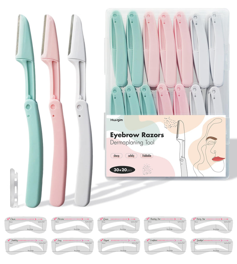 [Australia] - Dermaplaning Tool - Dermaplane Razor for Face, for Women and Men, That Helps Exfoliate and Peach Fuzz - Smooth the Skin, 30 Pcs Foldable Eyebrow Razors + 20 Blade Refills + Eyebrow Stamp Stencils 30 Razors + 20 Blades + Eyebrow Stencils 