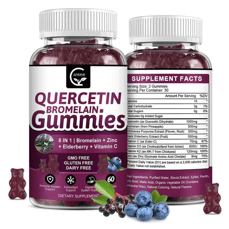 Quercetin Gummies with Bromelain 2378mg - Blend with Elderberry, Echinacea Purpurea Extract, Zinc, Vitamin C,D3,K2, Complex Supports Immune, Cardiovascular & Respiratory, Vegan Gummy for Adult & Kid | Quercetin Supplement with Echinacea for Cardiovascu...
