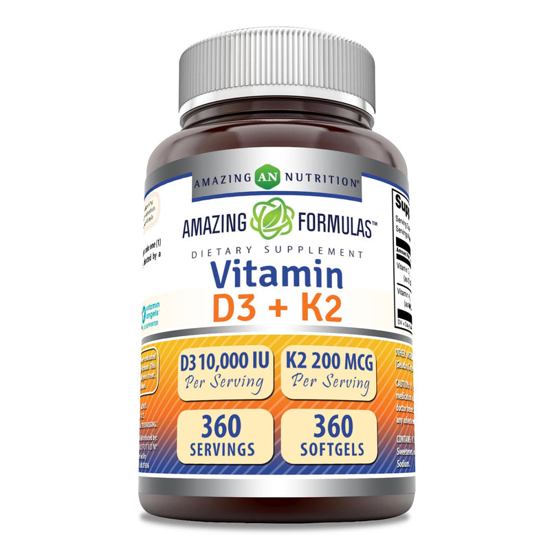 Amazing Formulas Vitamin D3 10000 IU with Vitamin K2 200 Mcg | D3 + K2 Complex Supplement | Non-GMO | Gluten-Free | Made in USA (1 Pack, 360 Count) 1 Count (Pack of 1)