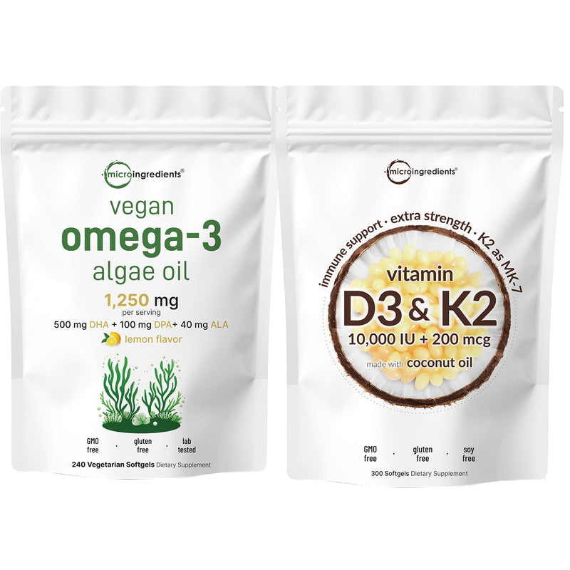 Micro Ingredients Vitamin D3 10,000iu + K2 200mcg Coconut Oil Softgels & Vegan Omega 3 Algae Oil Supplement Bundle 2 Pack | Essential Sunshine Vitamins | Omega-3 Full Spectrum Alternative to Fish Oil
