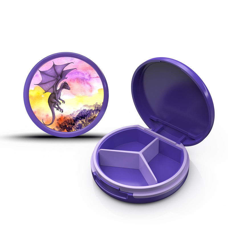 Serfeymi Small Pill Case for Purse, Mini Travel Pill Organizer | 3 Compartments, Artistic Patterns, Removable Divider, Moisture-Proof Seal, Lightproof Shell Purple-pterosaur 1 Piece