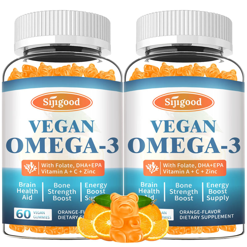 2 Pack Algae Omega 3 Gummies for Women, Men & Kids, Fish Oil Alternative | Boost Brain, He♡rt, Eye & Immune Function, With Plant Based 460 MG DHA & 230 MG EPA, No Fishy Taste, Sugar Free Orange 60 Count (Pack of 2)