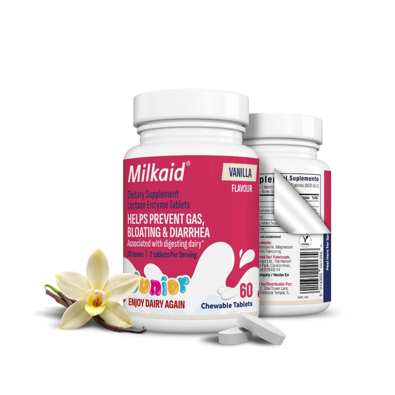 [Australia] - Milkaid Junior Lactase Enzyme Chewable Tablets for Lactose Intolerance | Prevents Gas, Bloating, Diarrhea in Children| Fast Acting Dairy Digestive Supplement for Kids| 60 ct (60 Tablets, Vanilla) 60 Count (Pack of 1) 