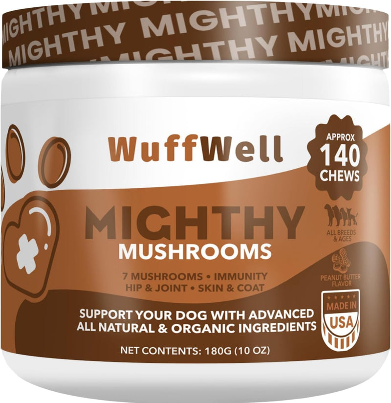 Mushroom Supplement for Dogs - 140 Chews - Advanced 7 Mushrooms Blend with Turkey Tail, Lions Mane and Reishi - Includes Green Lipped Mussel, Salmon Oil and Probiotics for Immune Support Peanut Butter - PawsPlanet Australia