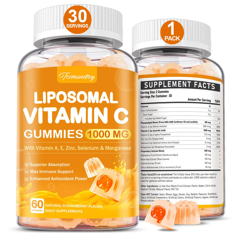 Liposomal Vitamin C Gummies 1000mg for Adults | Chewable Vitamin C Gummy, With Zinc, Elderberry, Vitamins A & E, 60 Gummies Strawberry 60 Count (Pack of 1)