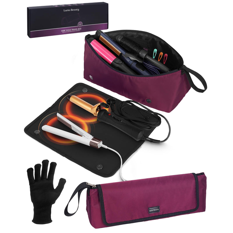 [Australia] - 2-in-1 Hot Hair Tools Travel Bag, Removable Heat-Resistant Silicone Mat, Clear Pockets for Accessories, Protects Surfaces from Burns, Ideal for Curling & Flat Irons, Includes Heat-Resistant Glove Burgundy - Midnight Merlot 