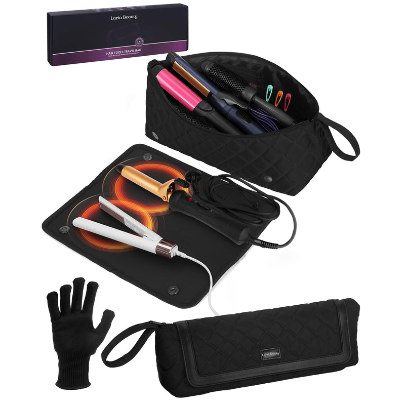 [Australia] - 2-in-1 Hot Hair Tools Travel Bag, Removable Heat-Resistant Silicone Mat, Clear Pockets for Accessories, Protects Surfaces from Burns, Ideal for Curling & Flat Irons, Includes Heat-Resistant Glove Black - Jet Luxe 