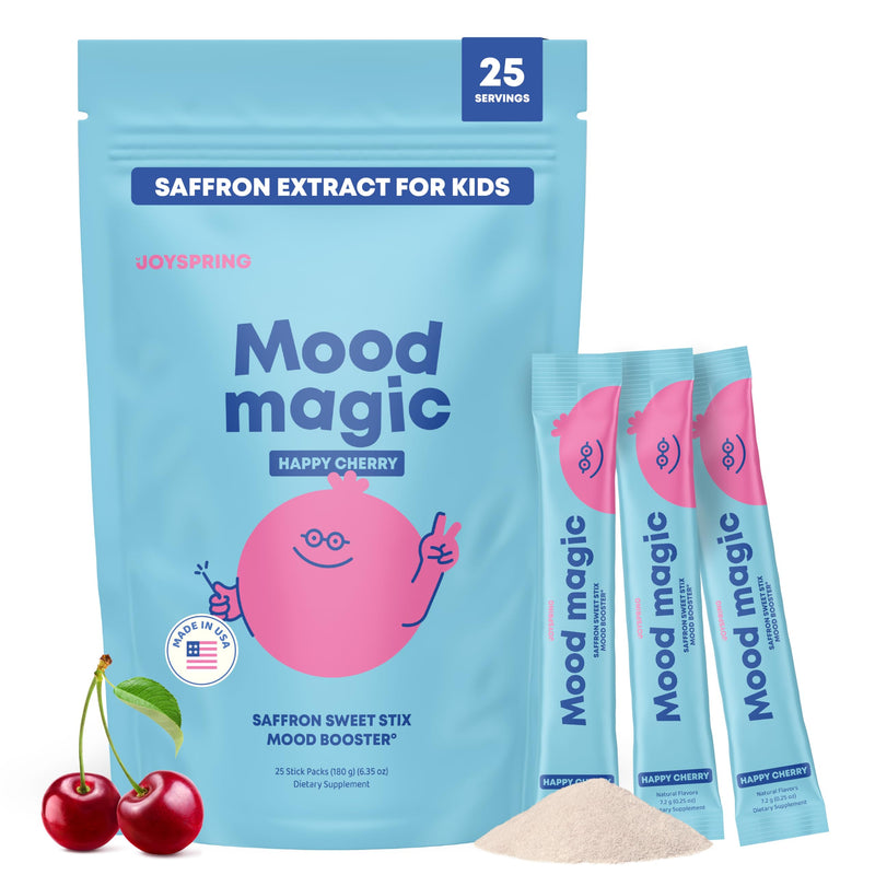 JoySpring Mood Magic Kids Saffron Sticks, Cherry Lime, 25 Ct, 4+ | Magnesium citrate and Vitamin D3 with calming herbs, supports calm and balanced feelings, sugar-free single-serve drink mix 25 Count (Pack of 1)