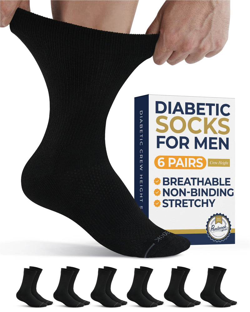 [Australia] - Pembrook Diabetic Socks for Men - 6 Pairs Crew Diabetic Neuropathy Socks for Men | Non Binding Black - 6 Pairs Large 