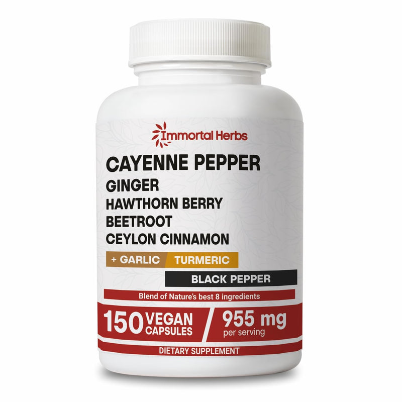 [Australia] - Cayenne Pepper Capsules w/Garlic, Ginger, Hawthorn, Turmeric, Cinnamon, Beet Root and Black Pepper Extract, 150 Cayenne Capsules, Non-GMO & Gluten Free Capsaicin Supplement 