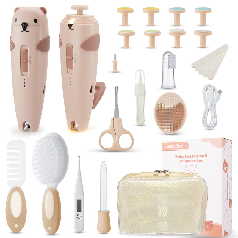 [Australia] - Lilian&Gema Baby Healthcare and Grooming Kit, 28-in-1 Rechargeable Nail Trimmer Electric Set, Dual Auto Light Baby Nail Care Kit, Portable Newborn Nursery Health Care Set for Infant Toddlers Boy Girl Brown 