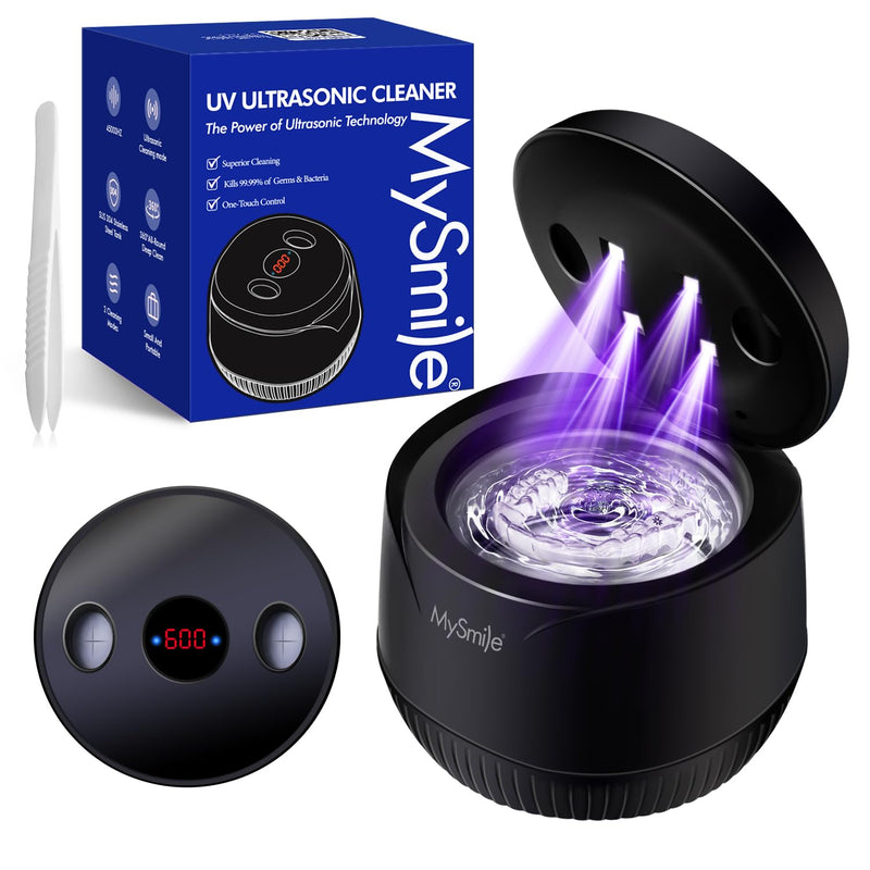 [Australia] - MySmile Ultrasonic Retainer Cleaner- 45kHz Denture Cleaner Machine with 200ML Capacity for Aligner, Mouth Guard, Braces, Portable Dental Cleaning Pod with 2 Mode Digital Timer for Home, Travel (BLACK) BLACK 