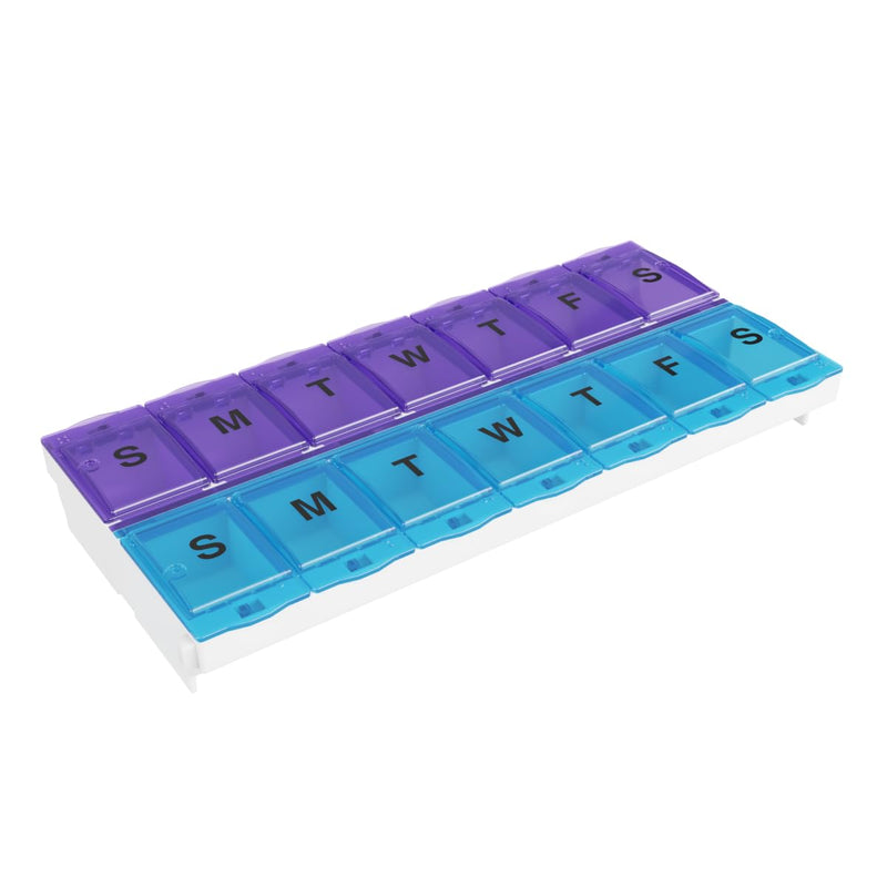 Ezy Dose Weekly (7-Day) AM/PM Pill Organizer, 2XL Planner, Blue/Purple | Daily Medicine, Vitamin & Supplement Case, 2 Times a Day Pop-Up Compartments, Arthritis-Friendly, Travel-Friendly, BPA-Free Blue and Purple
